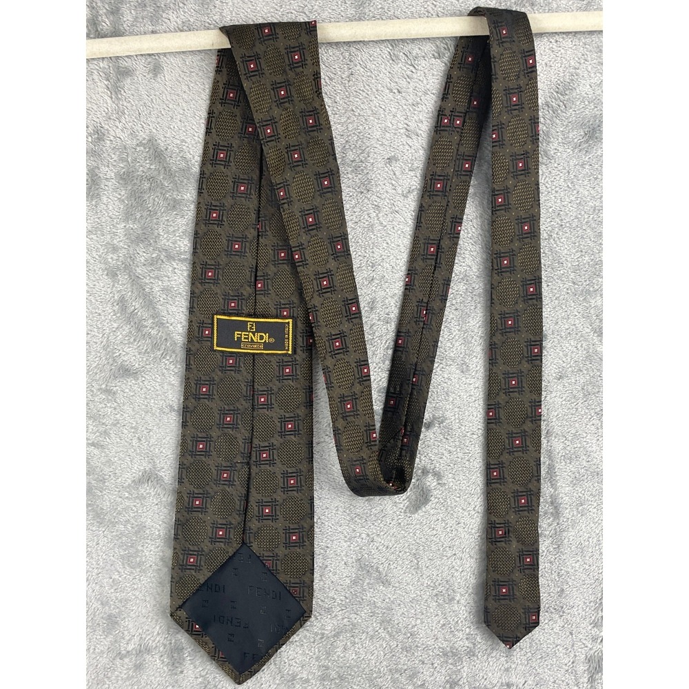 Fendi Mens Silk Geometric Print Classic Neck Tie Green Brown Size O/S Made Italy - Picture 5 of 6